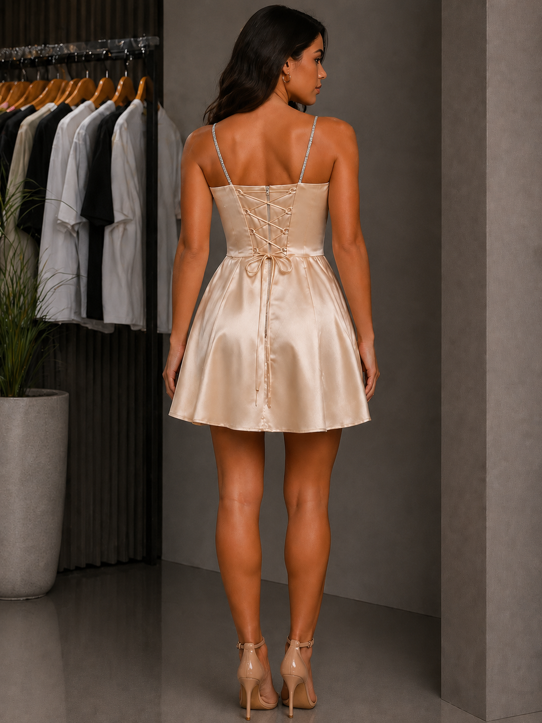 Vestido Corto Satin Beigue Claro