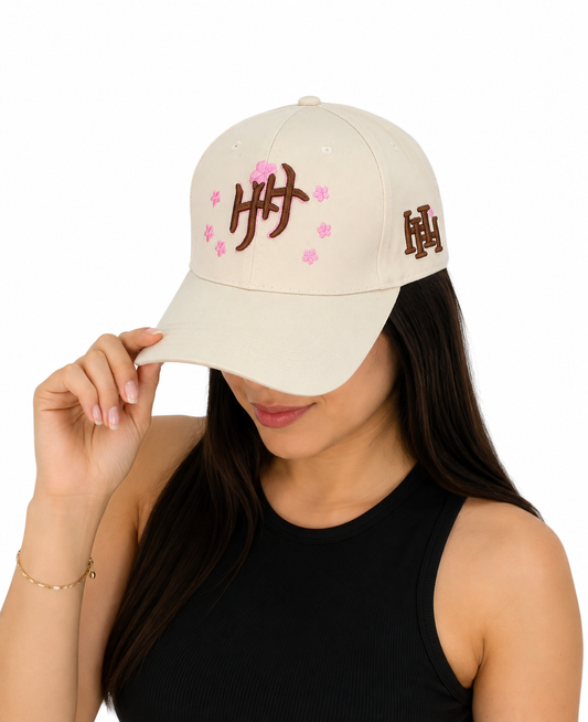 GORRA BEIGUE CON ROSA